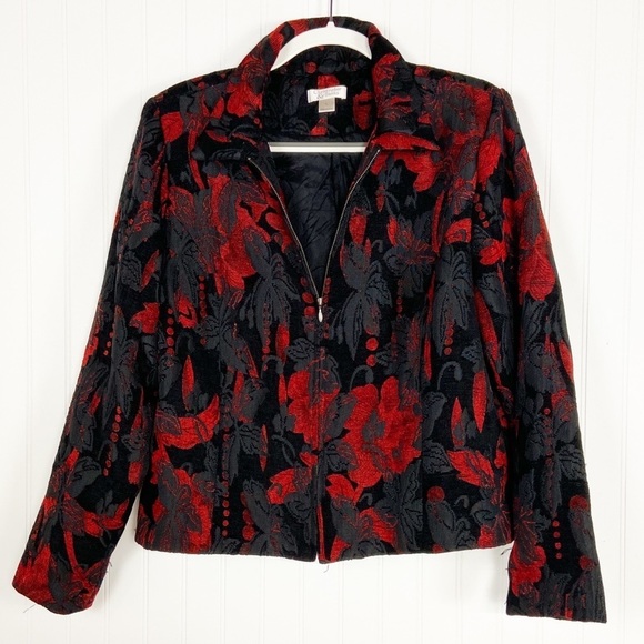 Christopher & Banks Jackets & Blazers - Christopher & Banks Velour Black Red Zip Up Floral Leaf Jacket Blazer